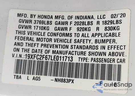2020 Honda Civic Lx z USA, uszkodzony, nr VIN 19XFC2F67LE011713